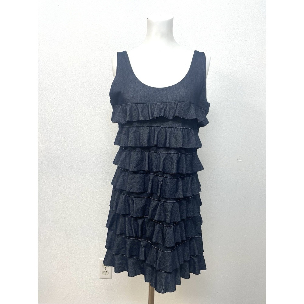 ISLE Womens Ruffled Tier Chambray Dress Scoop Neck Sleeveless Flapper Sz Large